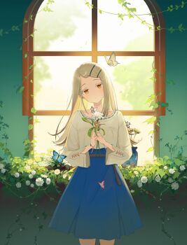 Rule 34 | 1girl, absurdres, backlighting, belt, black belt, blonde hair, blue skirt, brown shirt, bug, butterfly, chinese commentary, closed mouth, collarbone, colored eyelashes, commentary request, cowboy shot, earrings, flipped hair, flower, gakuen idolmaster, hair ornament, hairclip, head tilt, highres, holding, holding flower, idolmaster, indoors, insect, jewelry, long sleeves, looking at viewer, orange eyes, parallel hairclips, rope belt, shinosawa hiro, shirt, skirt, solo, standing, stud earrings, sunlight, swept bangs, user medn2437, vase, white flower, wide sleeves, window