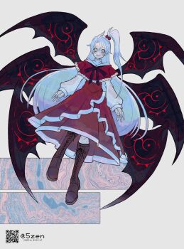 Rule 34 | 1girl, 5zen, bluesky username, blush, breasts, brown shoes, capelet, commentary, dress, grey eyes, hair bobbles, hair ornament, highres, long hair, multiple wings, one side up, qr code, red capelet, red dress, shinki (touhou), shoes, smile, solo, symbol-only commentary, touhou, touhou (pc-98), very long hair, white hair, wings