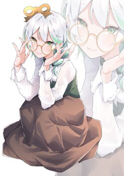 1girl absurdres adjusting_eyewear airenif braid brown_skirt cecilia_immergreen closed_mouth colored_inner_hair doll_joints full_body green_eyes green_streaks green_vest grey_hair hair_ornament hashtag-only_commentary highres hololive hololive_english joints long_skirt long_sleeves looking_at_viewer medium_hair multicolored_hair round_eyewear shirt side_braid sidelocks single_braid skirt sleeve_cuffs smile solo squatting streaked_hair two-tone_hair vest virtual_youtuber white_background white_shirt winding_key yellow-framed_eyewear zoom_layer