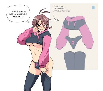 1girl antenna_hair black_eyes black_panties black_thighhighs blush breasts brown_hair bulge commentary covered_erect_nipples cowboy_shot crop_top crop_top_overhang cropped_hoodie embarrassed english_commentary english_text futanari highres hood hoodie medium_breasts original panties reference_inset revealing_clothes short_hair skull_print solo spicymancer thighhighs two-tone_hoodie underboob underwear