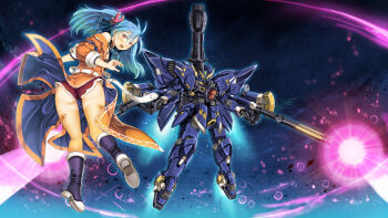 1girl absurdres ass az_sainklaus beam_cannon beam_rifle belt blue_hair blush boots coat commentary_request dual_wielding earrings energy_gun floating garimpeiro gun hair_ornament high_heel_boots high_heels highres holding holding_gun holding_weapon huckebein_30th jewelry knee_boots looking_at_viewer mecha orange_coat orange_eyes orange_thighhighs purple_boots red_shorts robot shoe_soles short_shorts shorts star_(sky) stud_earrings super_robot super_robot_wars super_robot_wars_30 thighhighs three-quarter_sleeves v-fin weapon white_belt