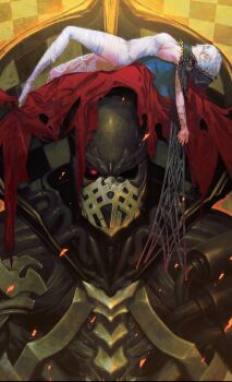 1girl ass bandaged_arm bandaged_leg bandages breasts checkered_background code_vein copyright_notice dress eyepatch highres io_(code_vein) juzo_mido large_breasts looking_at_viewer mask official_art red_carpet red_eyes short_hair silver_hair tagme torn_clothes