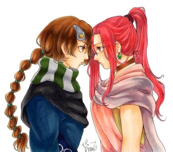 1boy 1girl aged_up braid breasts brother_and_sister brown_eyes brown_hair cape closed_mouth dress earrings eye_contact facing_another final_fantasy final_fantasy_iv final_fantasy_iv:_the_after_years forehead-to-forehead hair_ornament hair_tie heads_together high_ponytail jewelry long_hair looking_at_another matching_hair/eyes medium_breasts palom pink_hair ponytail porom porom_(adult) scarf shirt siblings simple_background single_braid striped_clothes striped_scarf twins umasukesankana upper_body white_background