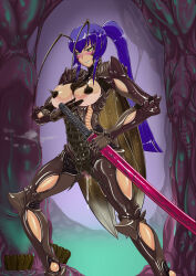 1girl antennae arthropod_girl breasts busujima_saeko censored closed_mouth covered_erect_nipples damu_otoko exoskeleton female_focus highres highschool_of_the_dead large_breasts monster_girl mosaic_censoring nipples pussy smile sword weapon