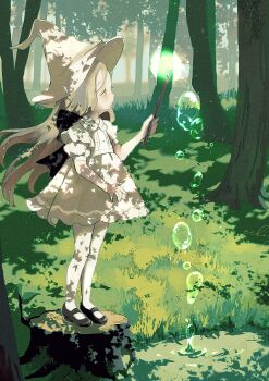 1girl absurdres black_bow black_shoes blonde_hair bow casting_spell commentary_request dappled_sunlight day dress fog forest frills from_side full_body grass green_eyes hat highres light_particles long_hair magic nature nekory original pantyhose puddle puffy_sleeves scenery shoes signature skirt standing sunlight swept_bangs tree tree_stump water witch witch_hat