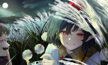 2girls black_hair black_skirt brown_hair camera checkered_clothes checkered_skirt collared_shirt commentary_request eneshi full_moon hat highres himekaidou_hatate holding holding_camera leaf_print looking_at_viewer maple_leaf_print moon multiple_girls night night_sky outdoors pink_shirt plant_request pom_pom_(clothes) print_shirt puffy_short_sleeves puffy_sleeves purple_hat purple_skirt red_eyes red_hat shameimaru_aya shirt short_sleeves skirt sky smile star_(sky) tokin_hat touhou two-tone_skirt white_shirt