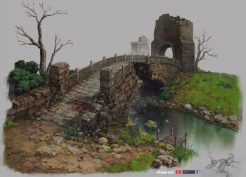 absurdres arch artist_name artstation_logo bare_tree blood blood_splatter brick_floor bridge bush commentary dirt dock english_commentary facebook_logo grass grey_background highres moss no_humans original outdoors painterly river rock ruins scenery sicuvn sketch tombstone tower tree water youtube_logo