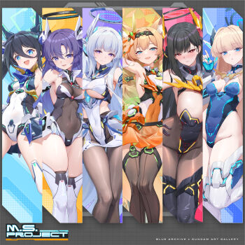 6+girls alternate_costume animal_ears aris_(blue_archive) arm_up armpits bare_shoulders black_hair black_leotard blonde_hair blue_archive blue_eyes blue_leotard breasts brown_leotard brown_pantyhose brown_thighhighs cat_ears collared_dress commentary_request covered_navel dress hair_between_eyes hairband halo headgear highleg highleg_leotard highres large_breasts leotard mari_(blue_archive) medium_breasts multiple_girls noa_(blue_archive) open_mouth orange_dress pantyhose purple_eyes purple_hair red_eyes rio_(blue_archive) sleeveless sleeveless_dress smile strapless strapless_leotard thighhighs thighs toki_(blue_archive) underboob white_hair white_thighhighs yuuka_(blue_archive) zalenhpe zettai_ryouiki