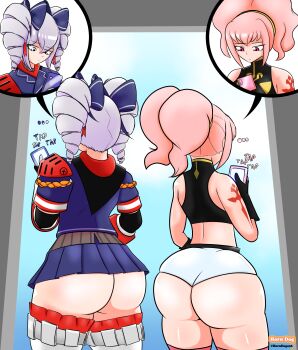 2girls absurdres anya_alstreim ass bronya_zaychik clothes code_geass english_text female_focus grey_hair highres holding holding_phone honkai_(series) horndog long_hair looking_back multiple_girls phone pink_hair speech_bubble talking_on_phone twintails