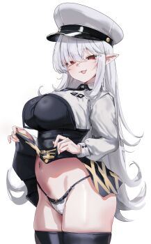 1girl :3 absurdres black_thighhighs blush breasts clothes_lift collared_shrug commentary_request commission crossed_bangs groin hair_between_eyes highres korean_commentary krabking lace lace-trimmed_panties lace_trim large_breasts long_hair long_sleeves looking_at_viewer miniskirt navel open_mouth original panties pointy_ears red_eyes shrug_(clothing) simple_background skirt skirt_lift smile smug solo standing stomach thighhighs thighs underwear very_long_hair white_background white_hair white_panties white_shrug