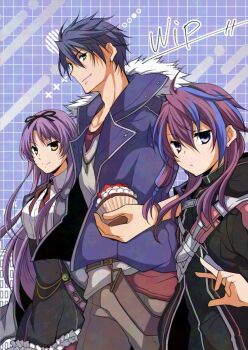 1boy 2girls black_ribbon blue_coat coat cupcake dog_tags eiyuu_densetsu food hood hoodie jorda_eldarion kai_no_kiseki kuro_no_kiseki_(series) multiple_girls necktie plaid_clothes plaid_necktie purple_hair renne_(eiyuu_densetsu) ribbon satsuki_(chaosmode) simple_background van_arkride