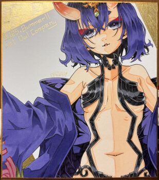 1girl asagirimao commentary_request eyeliner fate/grand_order fate_(series) highres horns japanese_clothes kimono light_smile looking_at_viewer makeup marker_(medium) navel oni open_clothes open_kimono parted_lips petite purple_eyes purple_hair shikishi short_hair shuten_douji_(fate) skin-covered_horns solo traditional_media
