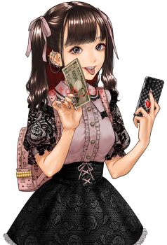 1girl backpack bag brown_hair cellphone ear_piercing earrings frills hair_ribbon holding holding_money holding_phone jewelry long_hair looking_at_viewer money nail_polish original phone piercing ribbon short_sleeves simple_background skirt smartphone solo tongue tongue_out tongue_piercing touzai twintails white_background