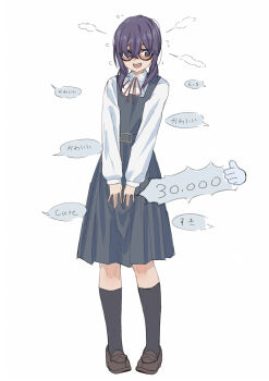 1girl :d black-framed_eyewear black_socks brown_shoes collared_shirt disembodied_hand dress eyebrows_hidden_by_hair flying_sweatdrops full_body glasses grey_dress hair_over_shoulder highres jimiko kneehighs loafers long_hair long_sleeves low_twintails neck_ribbon nervous_smile open_mouth original pinafore_dress pleated_dress puffy_long_sleeves puffy_sleeves purple_eyes purple_hair red_ribbon ribbon school_uniform sekira_ame semi-rimless_eyewear shirt shoes simple_background sleeveless sleeveless_dress smile socks solo standing thick_eyebrows thumbs_up translation_request twintails under-rim_eyewear white_background white_shirt