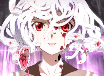 Rule 34 | 1girl, albino, blood, blood on face, god nadeko, monogatari (series), nyoro (nyoronyoro000), open mouth, otorimonogatari, portrait, red eyes, school uniform, sengoku nadeko, serafuku, snake, snake hair, solo, tongue, white hair, white snake