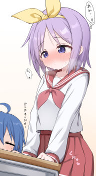 2girls absurdres ahoge blush bow bow_hairband brown_background closed_mouth commentary_request crotch_rub desk forehead hairband hands_on_table highres hiiragi_tsukasa implied_masturbation izumi_konata long_sleeves lucky_star masturbation medium_hair mole mole_under_eye multiple_girls neckerchief nicomi-chan nose_blush parted_bangs pleated_skirt purple_eyes purple_hair raised_inner_eyebrows red_neckerchief red_sailor_collar red_skirt ryouou_school_uniform sailor_collar school_desk school_uniform serafuku shirt skirt solo_focus speech_bubble stealth_masturbation steam steaming_body sweat table_humping thought_bubble translation_request white_shirt yellow_bow yellow_hairband