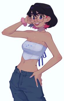 1girl arm_up artist_self-insert bare_shoulders black-framed_eyewear black_hair blue_eyes blue_pants breasts cleavage colored_inner_hair cowboy_shot highres looking_at_viewer margaret_h medium_breasts medium_hair midriff mole mole_on_stomach multicolored_hair nail_polish navel navel_piercing original pants piercing pink_hair purple_nails scrunchie simple_background solo strapless tube_top two-tone_hair white_background wrist_scrunchie