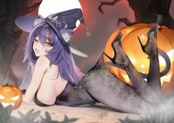 1girl absurdres akuma_nihmune animal_ear_fluff animal_ears black_pantyhose cat_ears commentary english_commentary from_side full_body hair_between_eyes hair_ornament hat high_heels highres hooked_on_heel indie_virtual_youtuber lace_pantyhose lace_pantyhose_hooked_on_heel_(meme) long_hair looking_at_viewer lying meme moon muciduci5 on_stomach open_mouth outdoors pantyhose pink_eyes pumpkin purple_hair solo tree virtual_youtuber witch_hat