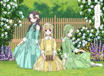 Rule 34 | 22/7, 3girls, album cover, blonde hair, box, closed mouth, collared dress, cover, curtained hair, dress, earrings, fence, flower, frilled dress, frills, fujima sakura, full body, green dress, green eyes, green hair, green ribbon, grey eyes, grey hair, group name, hair ribbon, half updo, head wreath, high ponytail, holding, holding box, horiguchi yukiko, jewelry, kiryu touko, long hair, long sleeves, looking at viewer, medium dress, multiple girls, no shoes, official alternate hairstyle, official art, on grass, orihara sumika, outdoors, parted bangs, ponytail, purple eyes, purple flower, ribbon, rose, sitting, smile, socks, song name, wavy hair, white flower, white ribbon, white rose, white socks, wooden fence, yellow dress, yellow flower, yellow ribbon, yokozuwari