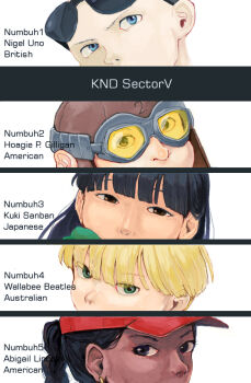 2girls 3boys black_eyes black_hair blonde_hair blue_eyes blunt_bangs braid brown_eyes character_name codename:_kids_next_door commentary_request dark_skin earrings everyone eye_focus eyewear_on_head goggles green_eyes hat jewelry looking_at_viewer looking_up multiple_boys multiple_girls numbuh_1 numbuh_2 numbuh_3 numbuh_4 numbuh_5 sunglasses t_k_g typo white_background