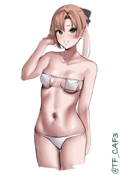 1girl absurdres akigumo_(kancolle) arm_up bikini black_bow blush bow breasts brown_hair collarbone cowboy_shot green_eyes hair_bow hashtag-only_commentary highres kantai_collection long_hair looking_at_viewer medium_breasts navel one-hour_drawing_challenge open_mouth ponytail sidelocks simple_background smile solo standing stomach strapless strapless_bikini sweat swimsuit tf_cafe thighs twitter_username white_background white_bikini