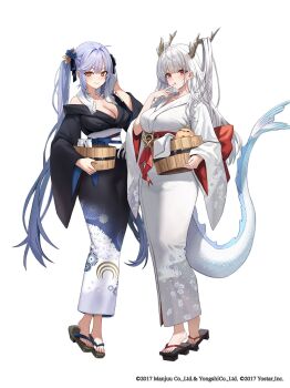 2girls absurdres azur_lane black_kimono blue_hair breasts cleavage closed_mouth commentary_request dragon_girl dragon_horns dragon_tail essex_(azur_lane) finger_to_mouth freng full_body geta highres holding horns japanese_clothes kimono large_breasts long_hair long_sleeves looking_at_viewer multiple_girls off_shoulder official_art okobo parted_lips platform_sandals red_eyes sandals shimanto_(azur_lane) simple_background smile standing tail twintails very_long_hair white_background white_hair white_kimono wide_sleeves