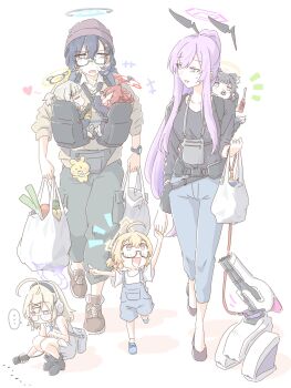 6+girls aged_down ahoge alternate_costume alternate_hairstyle animal_ears baby baby_carry black_hair blonde_hair blue_archive blush carrying carrying_baby carrying_person chihiro_(blue_archive) commentary_request dog_ears dog_girl glasses green_eyes grey_hair hair_between_eyes hair_ornament halo hare_(blue_archive) hariyaa headgear hibiki_(blue_archive) highres holding kotama_(blue_archive) kotori_(blue_archive) long_hair long_sleeves maki_(blue_archive) multiple_girls open_mouth ponytail purple_eyes purple_hair purple_halo red_hair red_halo semi-rimless_eyewear short_hair smile under-rim_eyewear utaha_(blue_archive)