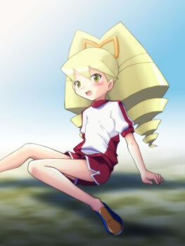 Rule 34 | 1girl, blonde hair, blush, bow, drill hair, green eyes, gym uniform, hair bow, long hair, looking at viewer, luna platz (mega man), mega man (series), mega man star force (series), non-web source, open mouth, shirt, shorts, sitting, twin drills, two-tone shirt, yoshi (crossmind)