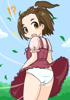 !? 1girl ahoge animal_hair_ornament ass bear_hair_ornament blush brown_hair bush cloud dress embarrassed falling_leaves from_behind hair_ornament idolmaster idolmaster_cinderella_girls leaf loli looking_back opapyon open_mouth panties pink_shirt ponytail puffy_sleeves red_dress shirt short_hair short_sleeves side_ponytail sky sleeveless sleeveless_dress standing surprised underwear white_panties wind wind_lift yanase_miyuki yellow_eyes