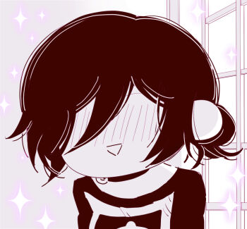 1girl chainsaw_man chibi chibi_only choker deer60868637 facing_viewer grenade_pin hair_bun monochrome no_eyes open_mouth reze_(chainsaw_man) shirt solo sparkle window