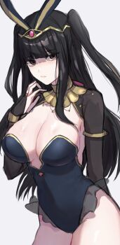 1girl adapted_costume alternate_costume animal_ears armpits black_hair black_shrug blue_leotard blunt_bangs blush bracelet breasts bridal_gauntlets brown_eyes cleavage closed_mouth covered_navel fake_animal_ears fire_emblem fire_emblem_awakening gold_collar highres jewelry large_breasts leon0630claude leotard long_hair looking_at_viewer nintendo playboy_bunny rabbit_ears shrug_(clothing) sideboob solo tharja_(fire_emblem) thighs tiara two_side_up
