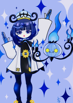 1girl :o arm_up belt belt_buckle blue_gloves blunt_bangs bob_cut buckle chandelure coat commentary_request eyelashes gen_5_pokemon gloves gwynn_(pokemon) hat highres long_sleeves looking_at_viewer nintendo o-ring o-ring_belt open_clothes open_coat open_mouth pantyhose partially_fingerless_gloves pen-neko2525 pokemon pokemon_(creature) pokemon_legends:_z-a purple_eyes purple_hair short_hair white_coat