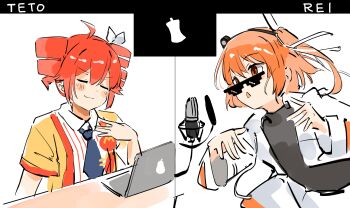 Rule 34 | 2girls, a.i. voice, absurdres, adachi rei, bad apple!!, black shirt, blue necktie, blush, bow, closed eyes, collared shirt, computer, cosplay, drill hair, hair between eyes, hair bow, hair ribbon, headlamp, highres, hikakin (person), imadake dabuchi tabemi, imadake dabuchi tabemi (cosplay), jacket, kasane teto, kasane teto (sv), laptop, long sleeves, mcdonald's, microphone, mp777b, multiple girls, music, necktie, open mouth, orange eyes, parody, pinstripe pattern, pinstripe shirt, radio antenna, ribbon, shirt, short sleeves, side ponytail, simple background, singing, smile, studio, sunglasses, synthesizer v, table, twin drills, utau, white bow, white jacket, white ribbon, wing collar, yellow jacket