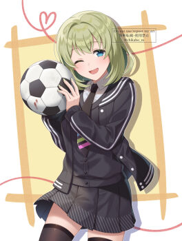 Rule 34 | 1girl, ball, black jacket, black necktie, black skirt, black sweater vest, black thighhighs, blue eyes, blush, buttons, chikabo m, collared shirt, commentary request, cowboy shot, green hair, green nails, holding, holding ball, jacket, looking at viewer, meano (vta), medium hair, nail polish, necktie, nijisanji, one eye closed, open mouth, pleated skirt, school uniform, shirt, skirt, smile, soccer ball, solo, standing, sweater vest, thighhighs, twitter username, virtual talent academy, virtual talent academy school uniform, virtual youtuber, watermark, white shirt