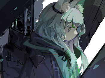 1girl animal_ear_fluff animal_ears arknights cat_ears cat_girl closed_mouth coffee_toranpu commentary_request highres hood long_hair rosmontis_(arknights) white_hair