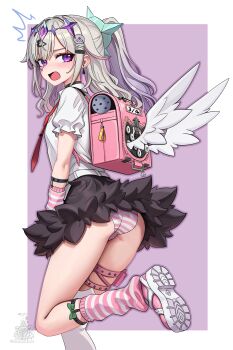 Rule 34 | 1girl, absurdres, arm warmers, ass, asymmetrical legwear, backpack, bag, bandaid, bandaid hair ornament, black choker, black skirt, character hair ornament, choker, circlet, collared shirt, colored inner hair, commentary, cosplay, earrings, english commentary, feather skirt, feathered wings, from behind, grey hair, hair flaps, hair ornament, hairclip, heart, heart hair ornament, highres, hololive, hololive english, jewel under eye, jewelry, koseki bijou, leg warmers, legwear garter, long hair, looking at viewer, looking back, miniskirt, mismatched legwear, multicolored hair, necktie, open mouth, panties, pantyshot, pink arm warmers, pink bag, pink hair, pink leg warmers, pink panties, pink shoes, ponytail, pouch, purple eyes, red necktie, school bag, shirt, shoe soles, shoes, short sleeves, single thighhigh, skirt, sneakers, solo, striped arm warmers, striped clothes, striped leg warmers, striped panties, sunna (zenless zone zero), sunna (zenless zone zero) (cosplay), thigh pouch, thigh strap, thighhighs, underwear, uneven legwear, unstableboiler, virtual youtuber, white shirt, white thighhighs, winged bag, wings, x hair ornament, zenless zone zero