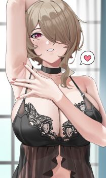 1girl absurdres arm_behind_head arm_up armpits black_choker breasts brown_hair choker collarbone commentary english_commentary grin haerge hair_over_one_eye heart highres honkai_(series) honkai_impact_3rd large_breasts lingerie looking_at_viewer mole mole_under_eye parted_lips presenting_armpit purple_eyes rita_rossweisse smile solo spoken_heart underwear upper_body