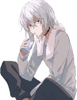 1boy accelerator_(toaru_majutsu_no_index) anninn_do_fu black_choker choker closed_mouth commentary_request drink_carton drinking_straw drinking_straw_in_mouth electrodes fingernails grey_pants grey_shirt hair_between_eyes holding holding_carton indian_style long_sleeves looking_at_viewer male_focus medium_hair milk_carton pants red_eyes shirt simple_background sitting solo toaru_majutsu_no_index towel towel_around_neck white_background white_hair