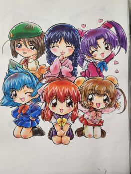 6+girls ahoge aqua_hair arm_up beret black_socks blue_bow blue_bowtie blue_eyes blue_jacket blue_sailor_collar blue_skirt bow bowtie braid brown_eyes brown_hair brown_shoes bun_cover chibi chibi_only closed_eyes commentary_request double_bun green_hat hair_bow hair_bun hair_ribbon hairband hakama hakama_skirt hamster_no_kurumi hand_on_own_cheek hand_on_own_face hand_up hands_on_own_hips hat heart hebi_no_yuki highres inko_no_tsubasa jacket japanese_clothes kame_no_ayumi kimono kingyo_no_ran kokomahi loafers long_hair looking_at_viewer medium_hair multiple_girls neck_ribbon one_eye_closed open_mouth orange_eyes orange_skirt pink_bow pink_bowtie pink_kimono pink_shirt pleated_skirt purple_hair purple_serafuku purple_shirt purple_skirt red_eyes red_hair red_ribbon red_sailor_collar red_skirt ribbon sailor_collar school_uniform serafuku shirt shoes short_hair side_braid simple_background skirt smile socks tenshi_no_shippo thighhighs traditional_media twintails usagi_no_mika v_arms white_background white_sailor_collar white_shirt white_thighhighs yellow_bow yellow_bowtie yellow_eyes yellow_hairband yellow_jacket