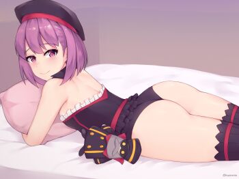 1girl ass automaton_(object) bare_shoulders black_hat black_panties black_thighhighs breasts closed_mouth colonel_olcott_(fate) detached_collar doll dress fate/grand_order fate_(series) female_focus hat helena_blavatsky_(fate) kuavera looking_at_viewer lying on_stomach panties pillow purple_eyes purple_hair short_hair small_breasts smile solo strapless strapless_dress thighhighs underwear