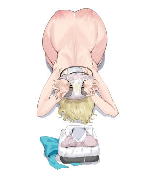 1girl all_fours apologizing aqua_bow back black_hair blonde_hair blue_archive bow clothes_on_floor completely_nude cum cum_on_back cum_on_body cum_on_clothes dogeza female_focus folded_clothes full_body halo highres holding holding_panties holding_underwear holding_unworn_clothes humiliation kneeling long_hair mh2en naked_dogeza nude on_floor panties presenting presenting_removed_panties prostration slap_mark solo spanked submission toki_(blue_archive) underwear unworn_clothes unworn_panties