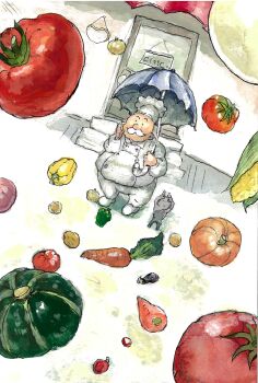 1boy bell_pepper carrot cat chef chef_hat commentary_request door eggplant facial_hair fat fat_man food grey_cat hat highres holding holding_umbrella male_focus mustache onion original potato pumpkin solo tomato umbrella vegetable yasaioji3