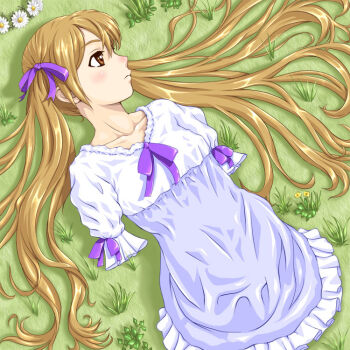Rule 34 | 1girl, amputee, blonde hair, brown eyes, dress, female focus, flower, grass, hair ribbon, karakure, long hair, lying, nature, outdoors, quadruple amputee, ribbon, solo, twintails