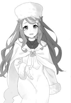 1girl anastasia_hoshin blush bow cloak commentary_request dress fur-trimmed_cloak fur-trimmed_sleeves fur_hat fur_trim gloves greyscale hair_bow hair_ornament hat highres jewelry long_hair long_sleeves looking_at_viewer mirukunohito369 monochrome multicolored_hair necklace open_mouth re:zero_kara_hajimeru_isekai_seikatsu simple_background smile solo star_(symbol) star_hair_ornament streaked_hair swept_bangs virtual_youtuber white_background
