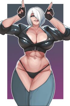 1girl angel_(kof) blue_eyes breasts brothbowl female_focus gloves hands_up huge_breasts jacket large_breasts leather licking looking_at_viewer pale_skin panties shiny_clothes shiny_skin short_hair smile standing the_king_of_fighters thick_thighs thighs tongue tongue_out underwear white_hair