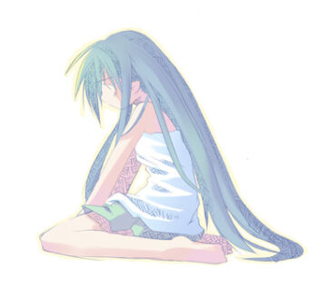 1girl asami_natsuhito bad_link bare_arms bare_legs bare_shoulders barefoot breasts from_side full_body green_hair green_skirt hatching_(texture) long_hair long_sidelocks lowres miniskirt original outline pale_color pleated_skirt pointy_ears profile shirt sidelocks simple_background sitting skirt small_breasts solo straight_hair strapless strapless_shirt very_long_hair very_long_sidelocks wariza white_background white_shirt woven_hatching yellow_outline