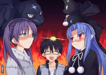 1boy 2girls ahoge black_hair black_shirt blue_hair closed_mouth collarbone commentary_request eye_contact glasses green_eyes grey_jacket highres jacket len_(tsukihime) lightning_glare long_hair looking_at_another multiple_girls okuribi open_clothes open_jacket open_mouth parted_bangs pointy_ears pom_pom_(clothes) purple_hair red_eyes saiki_mio shirt short_hair sweatdrop tohno_shiki tsukihime twintails upper_body