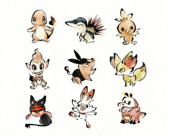 :> :d baby_animal bird black_fur cat charmander chick chimchar closed_eyes crocodilian cyndaquil fangs fennekin fire fox fuecoco gen_1_pokemon gen_2_pokemon gen_3_pokemon gen_4_pokemon gen_5_pokemon gen_6_pokemon gen_7_pokemon gen_8_pokemon highres litten metikyun monkey nintendo no_humans o_o open_mouth orange_eyes pig pokemon pokemon_(creature) rabbit scorbunny slit_pupils smile snout standing standing_on_one_leg tail tepig torchic trait_connection u_u white_background
