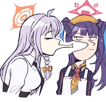 2girls blue_archive fuuka_(blue_archive) halo haruna_(blue_archive) hashtag-only_commentary imminent_kiss kumori0_(cloudy) long_hair maomao_evading_jinshi&#039;s_kiss_(meme) meme multiple_girls parody pink_hair purple_hair simple_background twintails white_background