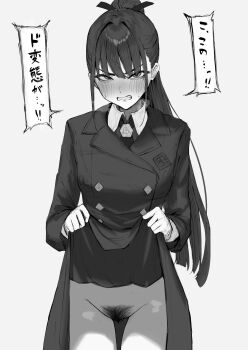 1girl absurdres amaya_tsubame blush clenched_teeth coat commentary_request cowboy_shot dera_self female_pubic_hair gakuen_idolmaster greyscale highres idolmaster lifting_own_clothes long_hair long_sleeves looking_at_viewer mole mole_under_eye monochrome no_panties ponytail pubic_hair simple_background solo speech_bubble standing teeth translation_request v-shaped_eyebrows white_background
